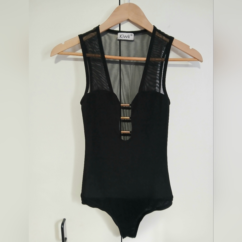 Kiwii XS Black Mesh Bodysuit Gold Bar Plunge V Neck